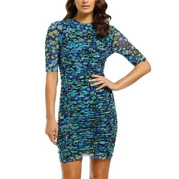 NWT GANNI Azure Blue Ruched Abstract Floral Stretch Mesh Dress Size 38 - Picture 1 of 7